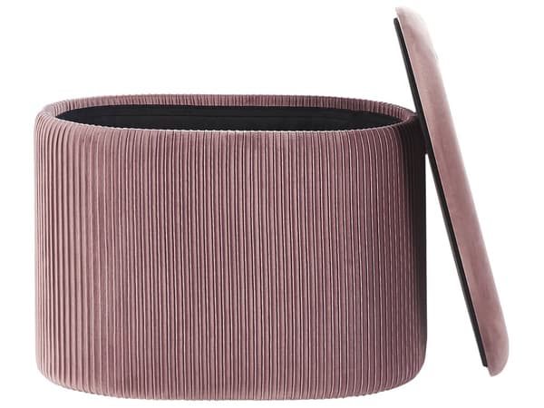Puf med Opbevaring Lyserød Velour Polstret Rillet Siddepuf Rund Oval Skum Sæde Tilbehør Fodskammel til Stue Soveværelse Pigeværelse Glamour