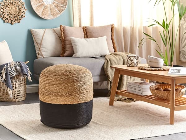 Puf Beige Sort og Bomuld Jute EPS Kugle Fyld ø 46 cm Rund Boho Flettet Siddepuf Tilbehør til Stue Soveværelse Boligindretning Skandinavisk