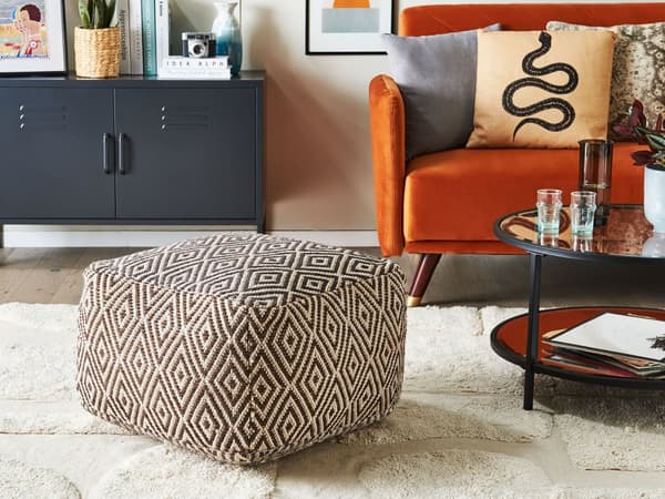 Puff Svart och Vit Ull Geometriskt mönster Fyrkantig Boho Modern fotpall Stoppad sits
