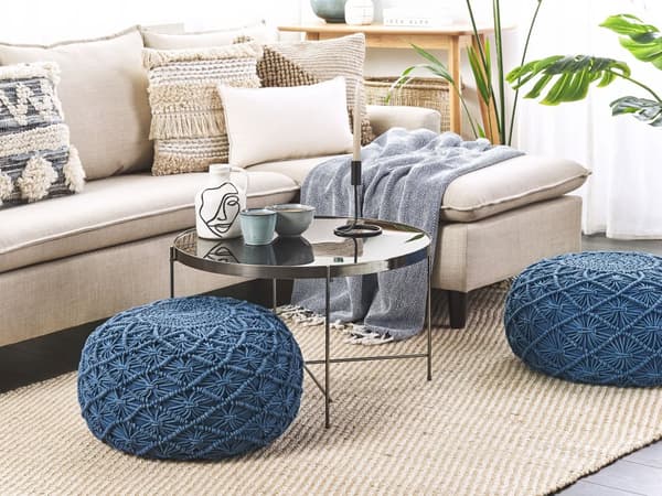 Puf Blå Bomuld 50 x 30 cm Rund Dekorativ Mønstret Gulvpude i Macrame Flet Siddepuf Multifunktionel Fodskammel Indendørs Stue Børneværelse