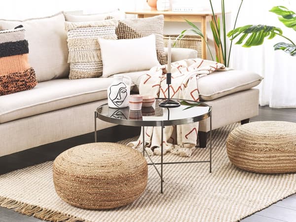 Puff Beige Naturfärgad Jute ⌀ 50 cm Vävd EPS-fyllning Rund Boho Style Ottoman