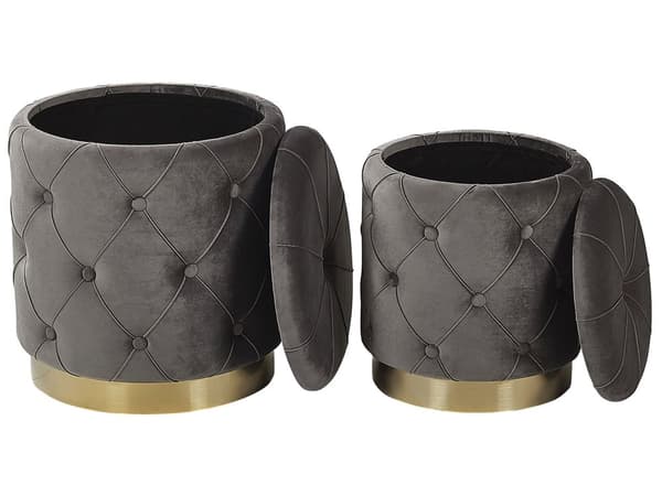 Sett med Oppbevaringspuffer Grå Polyester Fløyel Knappetuftet Polstring Gyllen Sokkel Retro Design