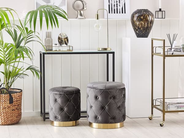 Sett med Oppbevaringspuffer Grå Polyester Fløyel Knappetuftet Polstring Gyllen Sokkel Retro Design