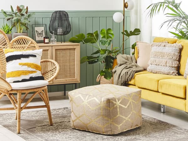 Puff Beige Jute 56 x 56 cm Firkantet Stoff Ottoman Fotskammel Gullmønster