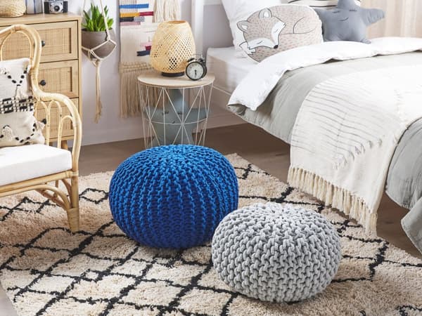 Puff Ottomansk Blå Strikket Bomull 50 x 35 cm EPS Perler Fylling Rund Liten Fotskammel