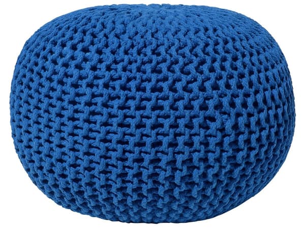 Puff Ottomansk Blå Strikket Bomull 50 x 35 cm EPS Perler Fylling Rund Liten Fotskammel