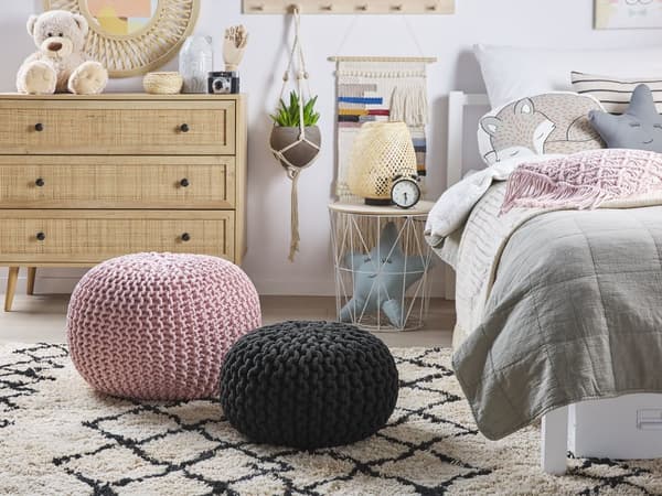 Puff Ottomansk Svart Strikket Bomull 40 x 25 cm EPS Perler Fylling Rund Liten Fotskammel