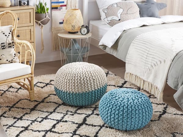 Puff Ottomansk Lyseblå Strikket Bomull 40 x 25 cm EPS Perler Fyll Rund Liten Fotskammel