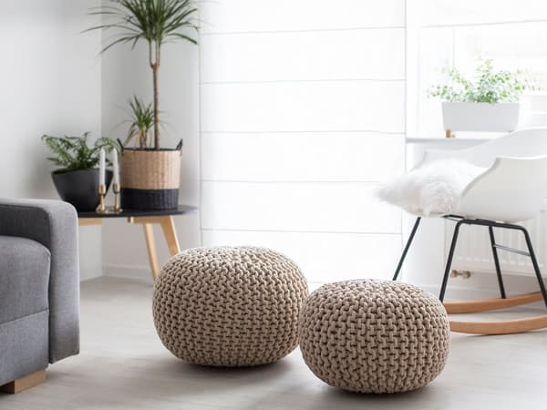 Puff Ottomansk Beige Strikket Bomull 40 x 25 cm EPS Perler Fylling Rund Liten Fotskammel