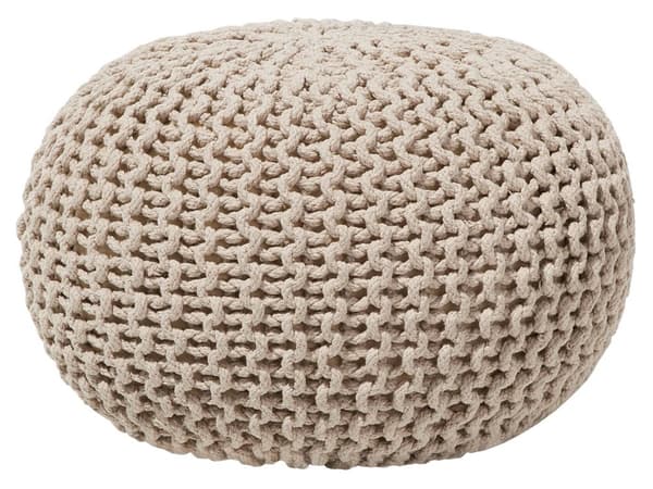 Puff Ottomansk Beige Strikket Bomull 40 x 25 cm EPS Perler Fylling Rund Liten Fotskammel