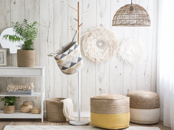 Puff Ottoman Grå Jute ø 46 cm EPS Perler Fylling Rund Boho Stil