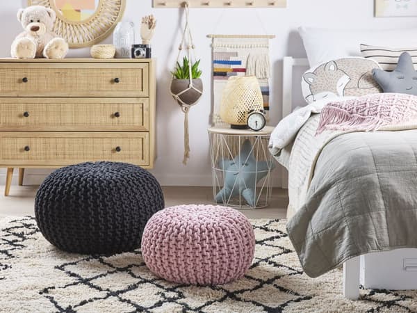 Puff Ottomansk Svart Strikket 50 x 35 cm Bomull EPS Perler Fylling Rund Liten Fotskammel