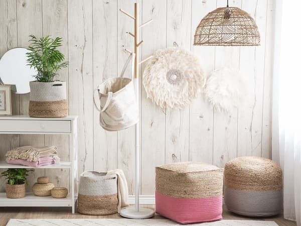 Puff Ottoman Rosa Jute EPS Perler Fyll Kvadratisk 44 x 44 cm Boho-stil