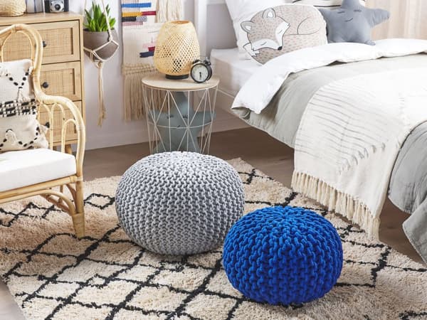 Puff Ottomansk Lysegrå Strikket Bomull 50 x 35 cm EPS Perler Fylling Rund Liten Fotskammel