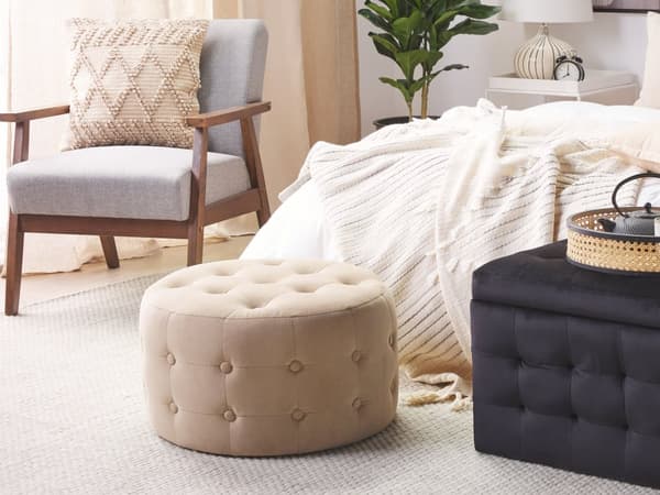 Puff Beige Fløyel Rund Polstret Glamour Stue