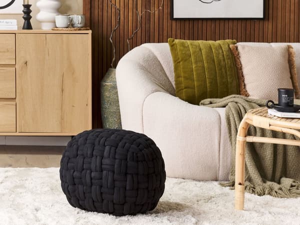 Puff Svart Fløyel 45 x 35 cm håndlaget rund fotskammel ottoman