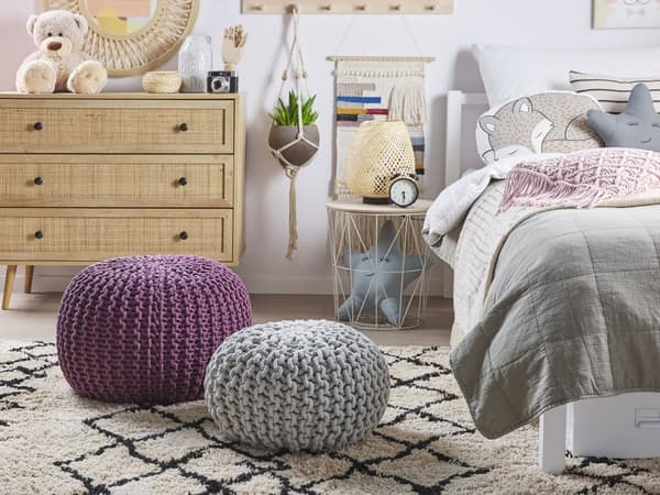 Puff Ottomansk Lilla Strikket Bomull 50 x 35 cm EPS Perler Fylling Rund Fotskammel