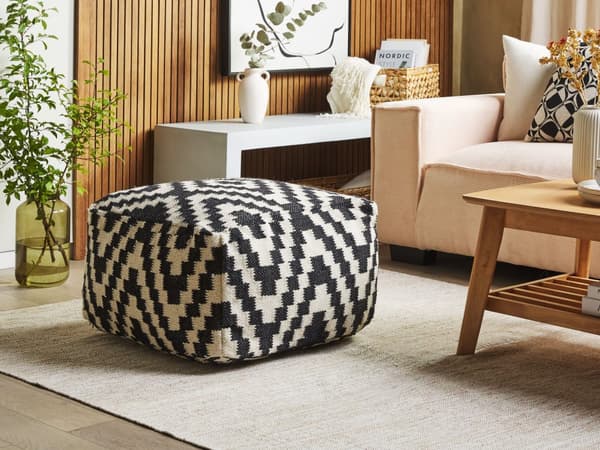 Puff Ottomansk Svart Hvit Ull 56 x 56 cm Moderne Stil