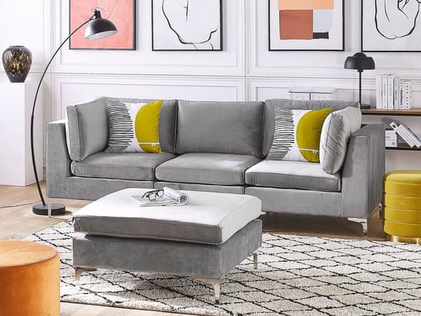 Fotskammel Grå Fløyel Polstret 85 x 85 cm Sølv metallben Puff Moderne Glamorøs Innredning Stue