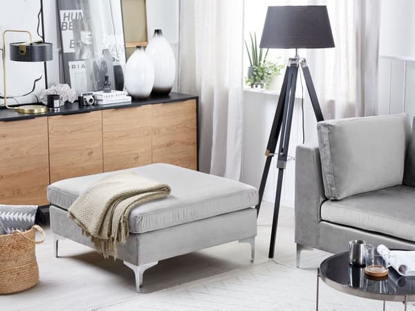 Fotskammel Grå Fløyel Polstret 85 x 85 cm Sølv metallben Puff Moderne Glamorøs Innredning Stue