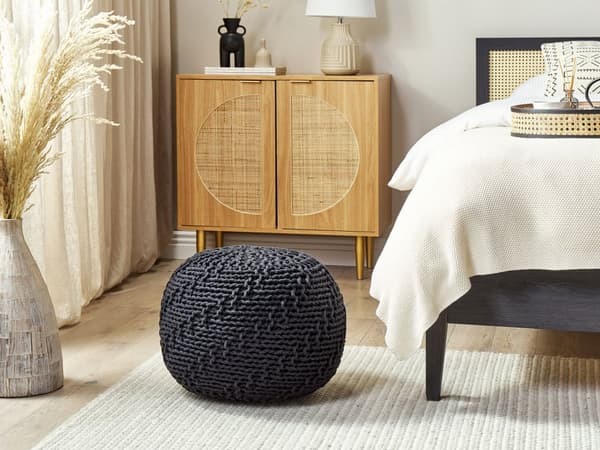 Puf med Opbevaring Sort 50 x 35 cm Strikket Bomuld EPS Perler Fyld Rund Lille Fodskammel