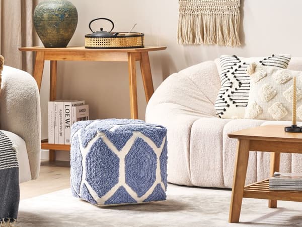 Puff Beige Blå Bomull 40 x 40 cm Geometrisk Mønster Dekorativt Sete Boho Stue Soverom