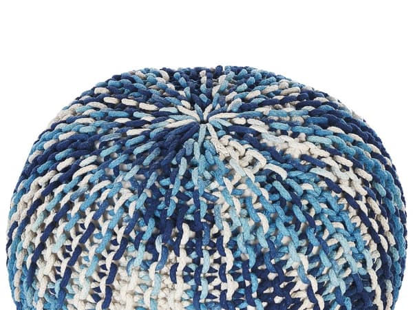 Puff Ottoman Vit och Blå 50 x 35 cm Stickad bomull EPS Pärlor Fyllning Rund Liten Fotpall Vardagsrum