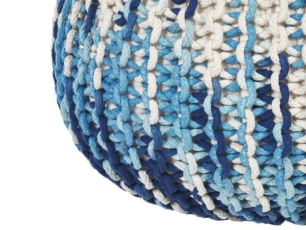 Puff Ottoman Vit och Blå 50 x 35 cm Stickad bomull EPS Pärlor Fyllning Rund Liten Fotpall Vardagsrum