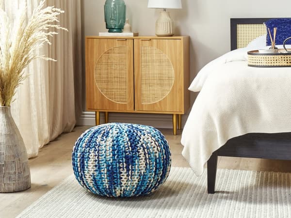 Puff Ottoman Vit och Blå 50 x 35 cm Stickad bomull EPS Pärlor Fyllning Rund Liten Fotpall Vardagsrum