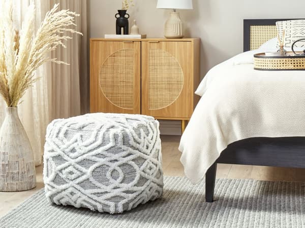 Puff Grå Vit Bomull Polyester 40 x 40 cm Geometriskt Stickat Mönster Dekorativ Sittpuff Bohemisk Stil Vardagsrum Sovrum