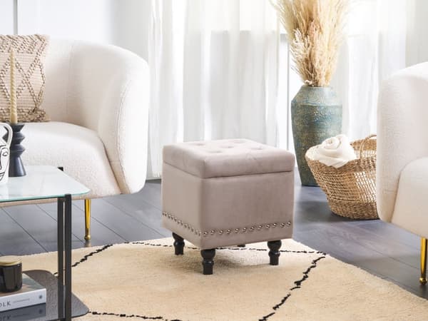 Fotpall Beige Sammetsklädsel Knapptuftad Spiktrimmad Sits