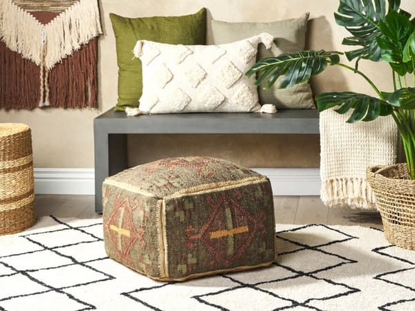 Puff Grön Jute och Ull 50 x 50 cm Orientaliskt Mönster Kelimstil Urtvättade färger Vardagsrum Sovrum