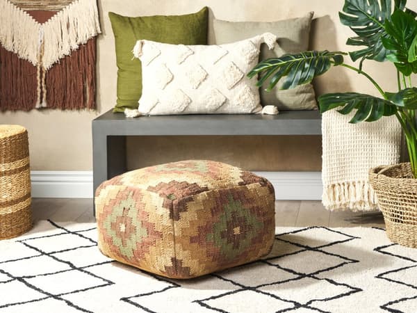 Puff Flerfärgad Jute och Ull 50 x 50 cm Orientaliskt Mönster Kelimstil Urtvättade Färger Sovrum Vardagsrum