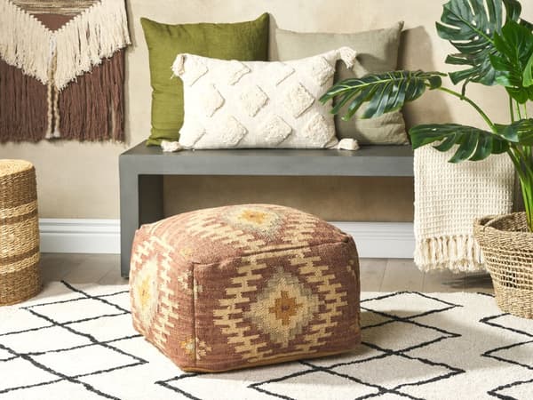 Puf flerfarvet Jute Uld Bomuld 50 x 50 cm Firkantet Orientalsk Kelim Siddepuf Marokkansk Design Polstret Siddemøbel til Stuen Gulvpude Værelse