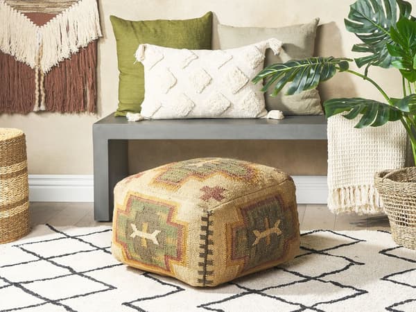 Puf Multifarvet Jute Uld Bomuld 50 x 50 cm Firkantet Orientalsk Kelim Siddepuf Marokkansk Design Polstret Siddemøbel til Stuen Gulvpude