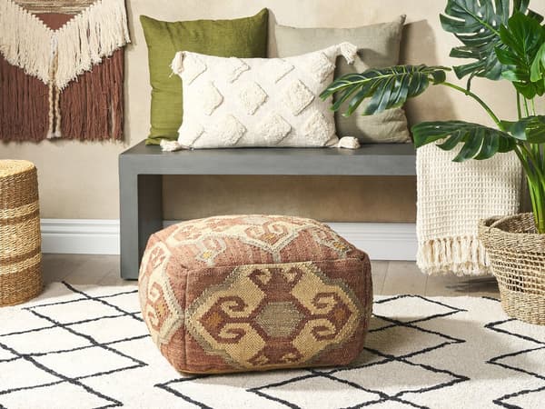 Puf Flerfarvet Jute Uld 50 x 50 x 30 cm Geometrisk Mønster Firkantet Boho Moderne Fodskammel Polstret Sæde