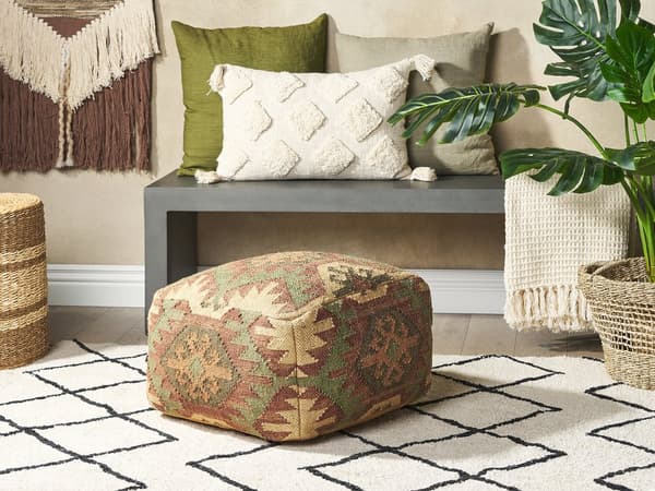 Puff Flerfarget Jute Ull 50 x 50 x 30 cm Geometrisk Mønster Boho Kvadratisk Fotskammel Moderne
