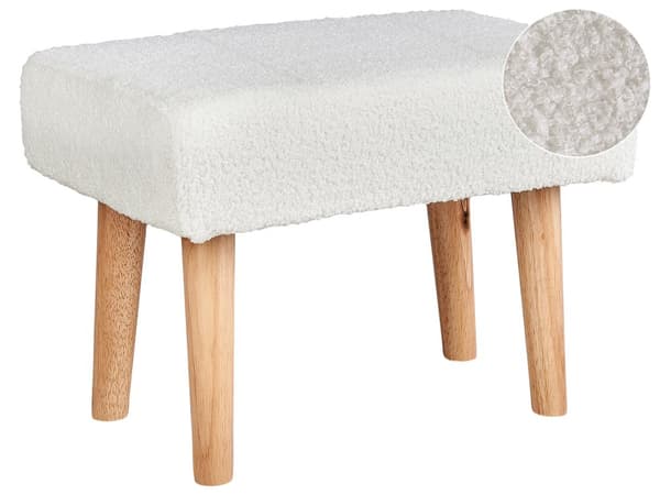 Fotpall Vit Boucle med Träben Skandinavisk Stil Sovrum Vardagsrum Tillbehör Ottoman Puff