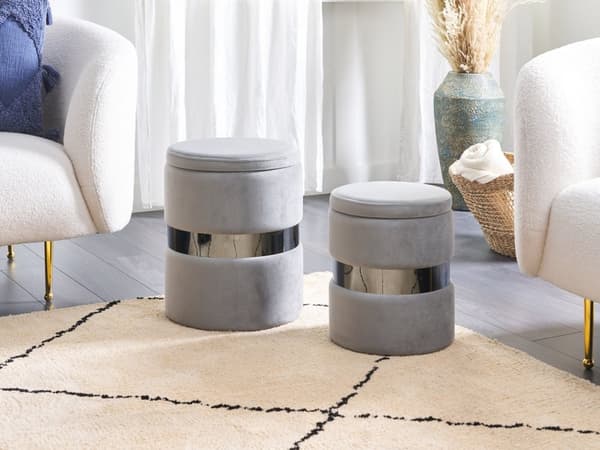 Set med 2 Förvaringspuffar Ljusgrå Klädsel i Polyestersammet Fotpall Glam-stil Elegant Design Vardagsrum Hall Sovrum