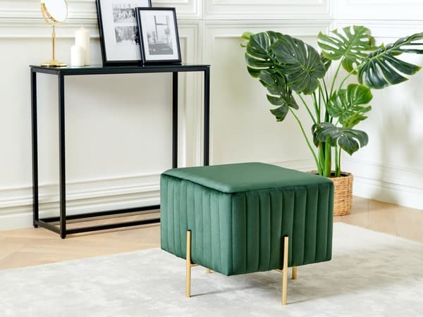 Fodskammel Grøn Velour Guld Metalben 45 x 45 cm Firkantet Puf med Ben Stribet Siddepuf Polstret til Stue Soveværelse Indretning