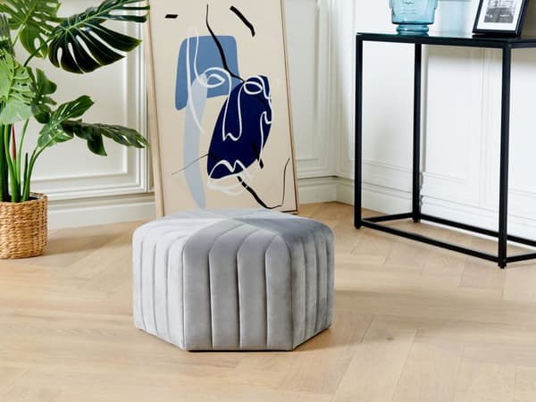 Puf Grå Velour ø 48 x 53 cm Blød Sekskantet Siddepuf Polstret Fodskammel Boligindretning Soveværelse Stue