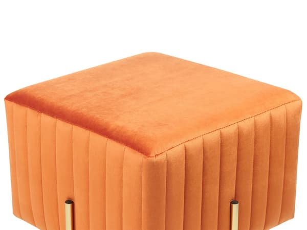 Fodskammel Orange Velour Guld Metalben 45 x 45 cm Firkantet Puf med Ben Stribet Siddepuf Polstret til Stue Soveværelse Indretning