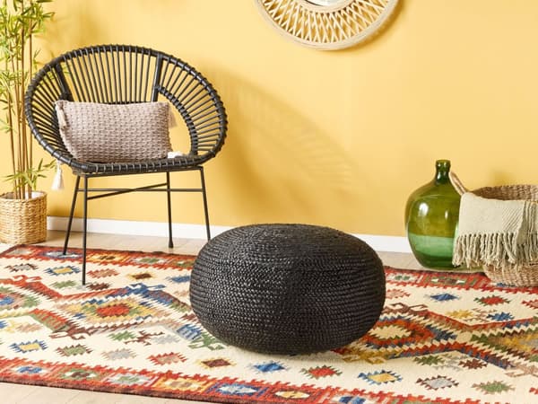 Puff Svart Jute EPS Pärlor Fyllning 45 x 45 x 30 cm Rund Ottoman Boho Stil Heminredning
