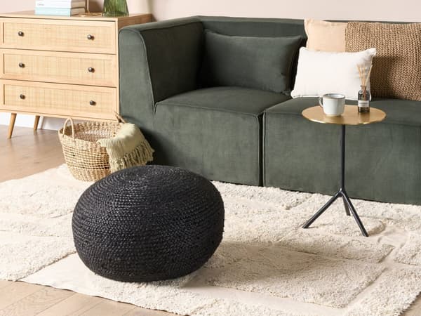 Puff Svart Jute EPS Pärlor Fyllning 45 x 45 x 30 cm Rund Ottoman Boho Stil Heminredning