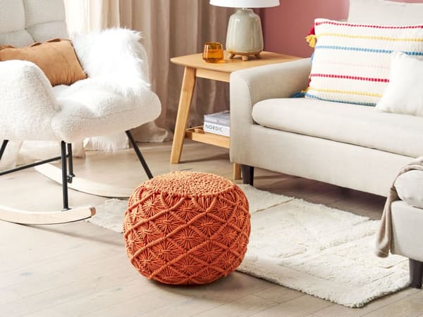 Stickad Puff Orange Bomull Knubbig Virkad Rund Flätad Fotpall Boho Design Vardagsrumsinredning Sittplatser