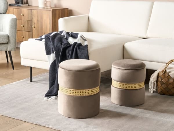 Uppsättning med 2 Puffar Taupe Sammet Rotting Band Modern Boho Intern Förvaring Vardagsrum Sovrum