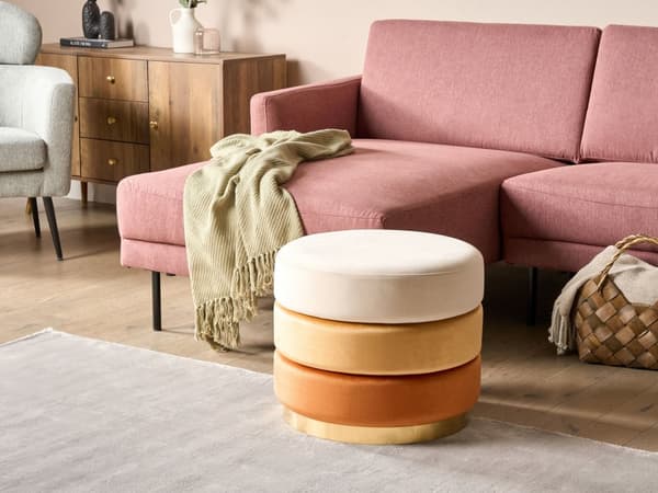 Puff Oransje Fløyel 48 x 48 x 41 cm Rund form Gullfarget base Glam Moderne Fotskammel Stue Soverom