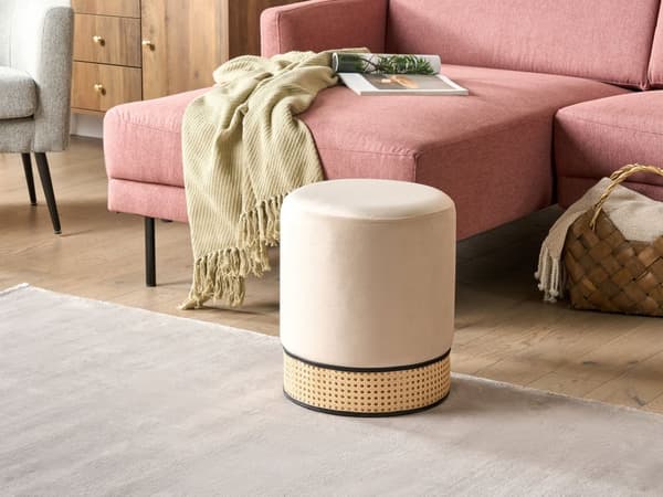 Puf Beige Velour Rund Siddepuf i Stof Multifunktionel Fodskammel med Fransk Flet Indendørs Stue Børneværelse