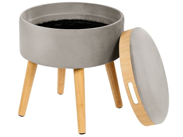 Puf med Opbevaring Grå Velour Rund Siddepuf i Stof Multifunktionel Fodskammel med Serveringsbakke Indbygget Indendørs Stue Børneværelse