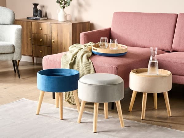 Puf med Opbevaring Grå Velour Rund Siddepuf i Stof Multifunktionel Fodskammel med Serveringsbakke Indbygget Indendørs Stue Børneværelse